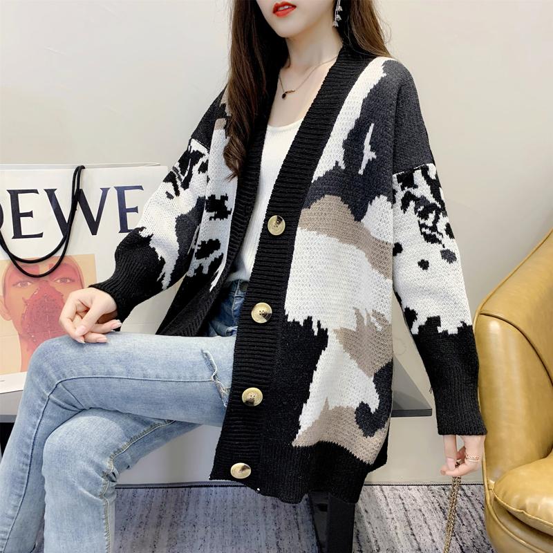 Fashion Loose Knitted Cardigan Printed Sweater Women's 2025 New V Neck Long Sleeve Casual Office Simple Spring and Autumn Coat Outside Clothing