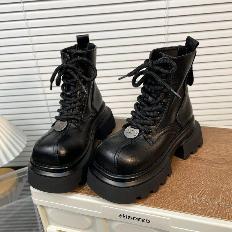 Ghete Martin europene respirabile, celebritate pe internet, pentru femei, toamna 2025, noi, Spice Girl, vârf pătrat, cap mare, cu șireturi, talpă groasă, cu toc înalt, ghete scurte