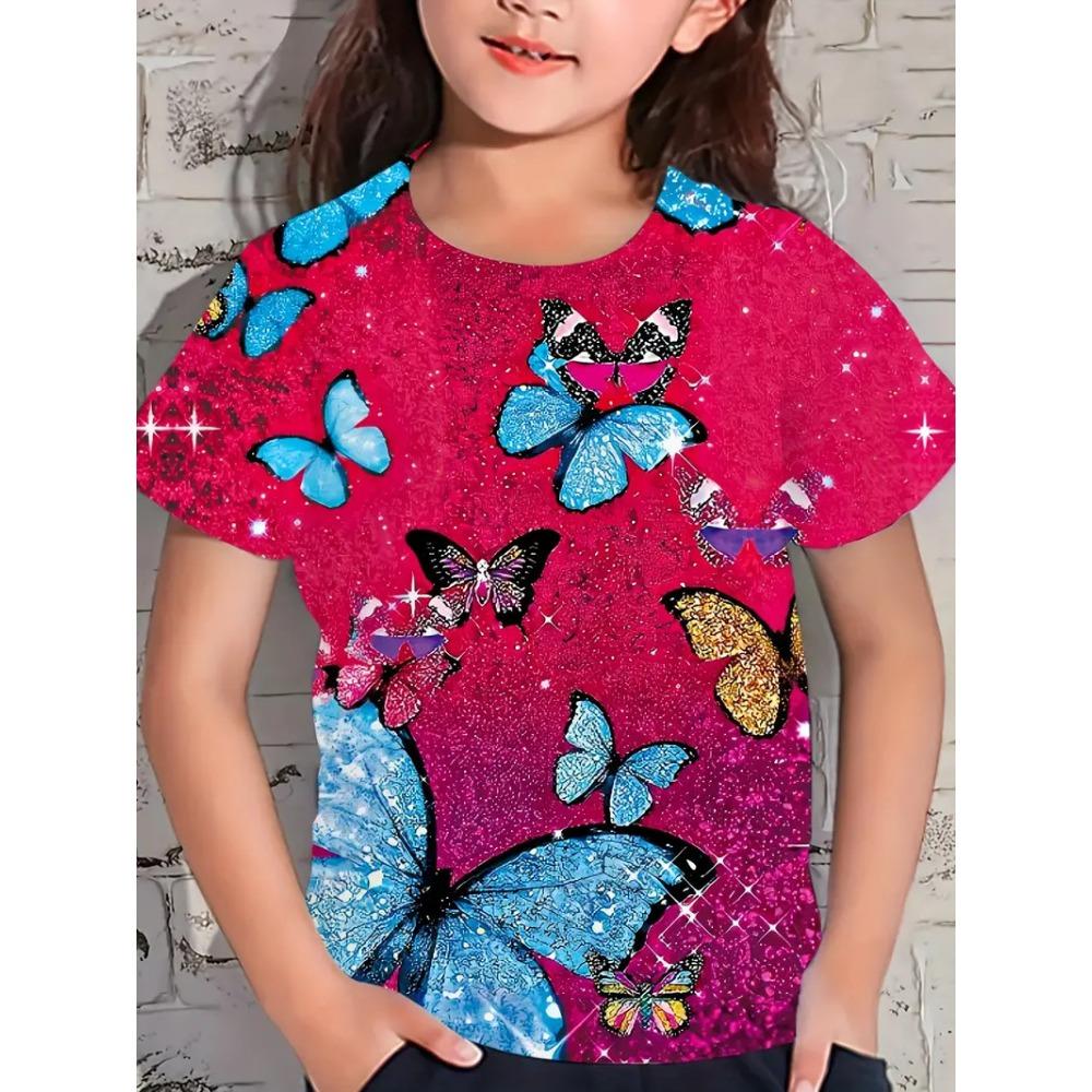 

Summer Round Neck 3D Butterfly Pattern Printed Top Fashionable Casual Short Sleeved Children s Girl T-shirts 110
