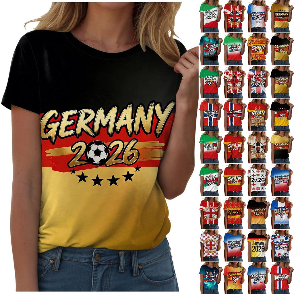 Damski Casualowy Sweter T-shirt Krótki Rękaw Okrągły Dekolt Nadruk z Literami Top do Kibicowania Piłce Nożnej Niemcy 2026 Ubrania dla Fanów