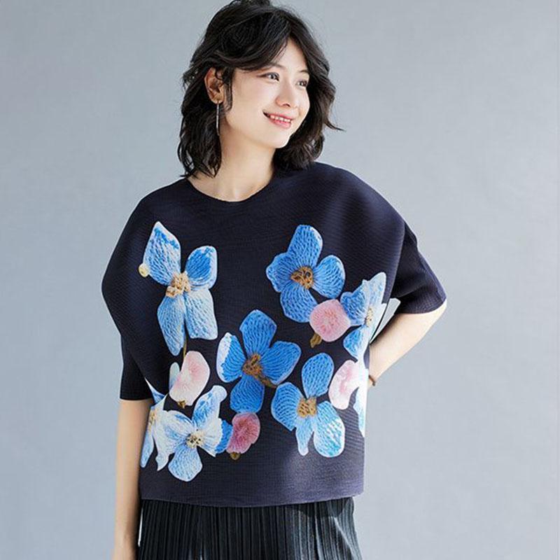 Zerknittertes neues Sommeroberteil mit Aufdruck, lockeres T-Shirt mit 3/4-Ärmeln, High-End-Eleganz und altersreduzierendem dünnen Stil für Damen