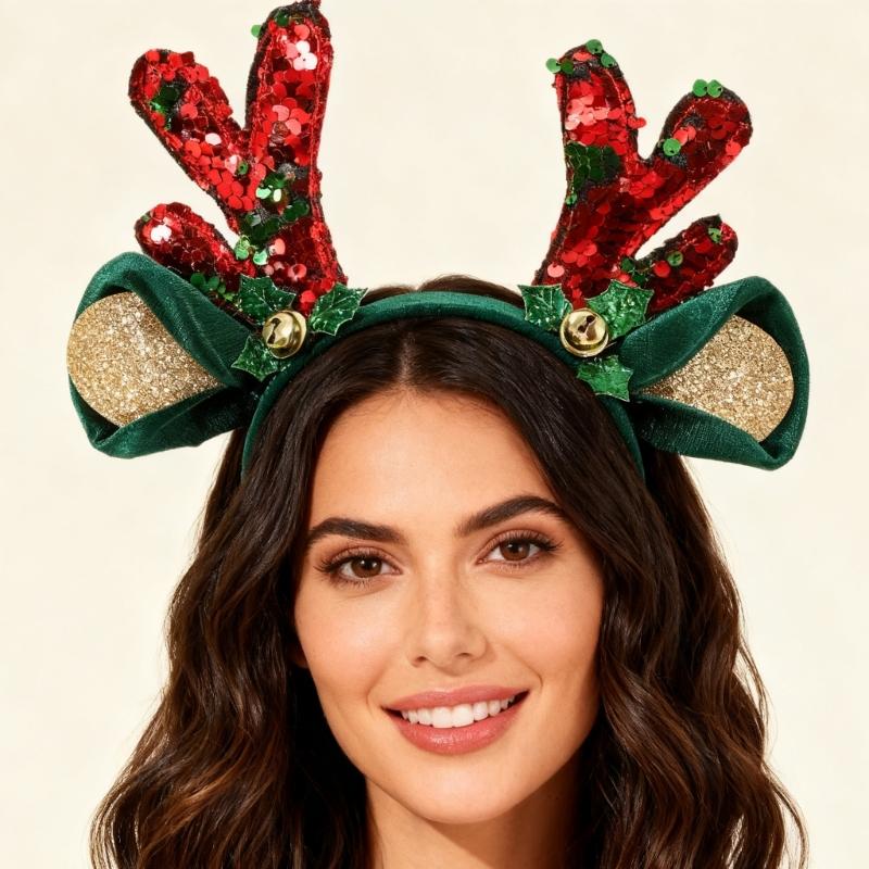 Christmas Sequined Reindeer Antler Bells Hairband Soft Fabric Headpiece For Kids Adults Holiday Party Accessory