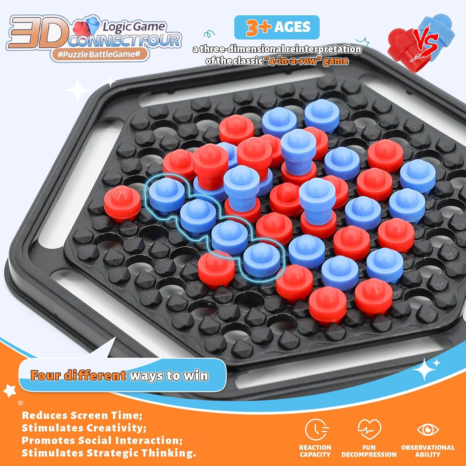 

Connect 3D Four in a Row Board Game for Kids 8-12, Strategy Game for 2 Players, Family Fun Gift United States