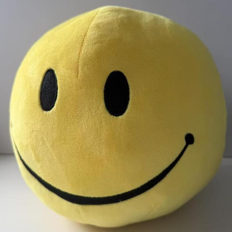 Oversized Yellow Round Smiley Face Cuddly Cushion Embroidery Joyful Face Figure Silky Soft Companion Furry Toss Pad Room Display Surprise