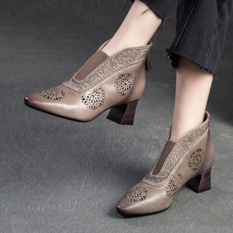 GKTINOO  2024 Summer New Sandals Genuine Leather Breathable Hollow-out Boots Retro Pointed High Heel Commuter Women's Shoes