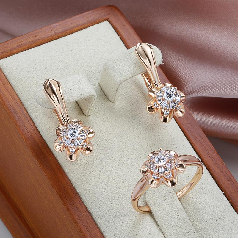 New  Rose Gold Crystal Flower Women Earrings Ring Sets Natural Zircon Earrings Trend Unusual Creative Wedding Jewelry