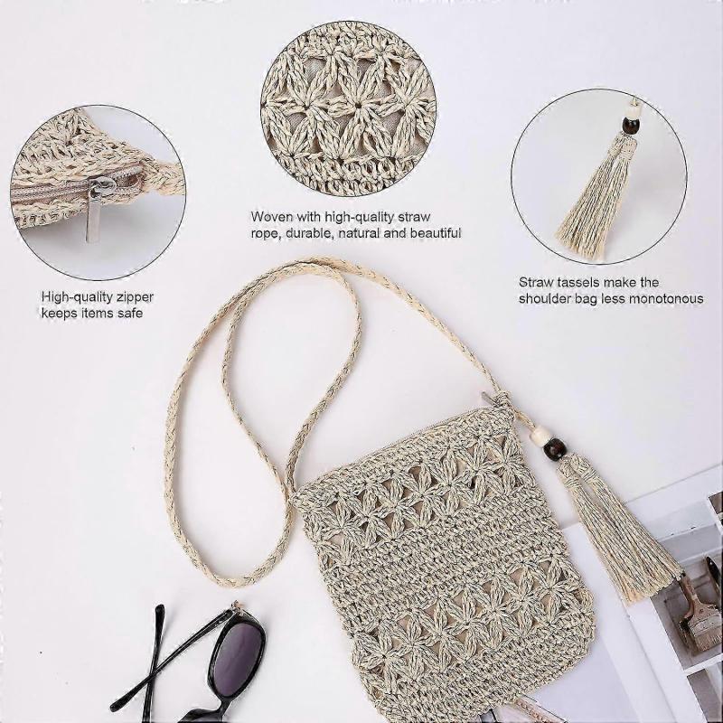 Straw Bag for Women, Summer Beach Straw Bag with Tassel, Weave Handmade Single Crossbody Bag with Zipper
