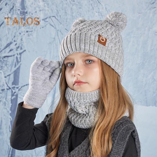 Kids Winter Hat Gloves Scarf Set Cold Weather Knitted Bear Hat with Pom Fleece Lined Neck Warmer Mitten Set for Girls Boys Ages 4-10 Outdoor