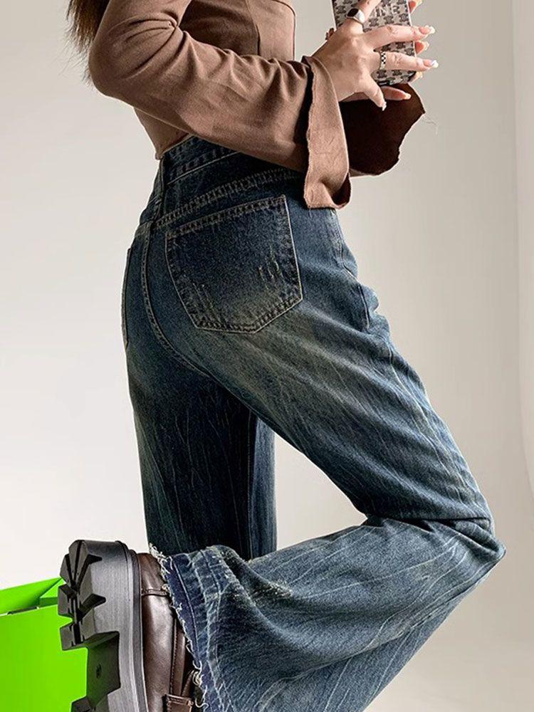 

Женские расклешенные джинсы в стиле ретро с вышивкой и необработанным краем в виде подковы 2024 года на весну и осень. S