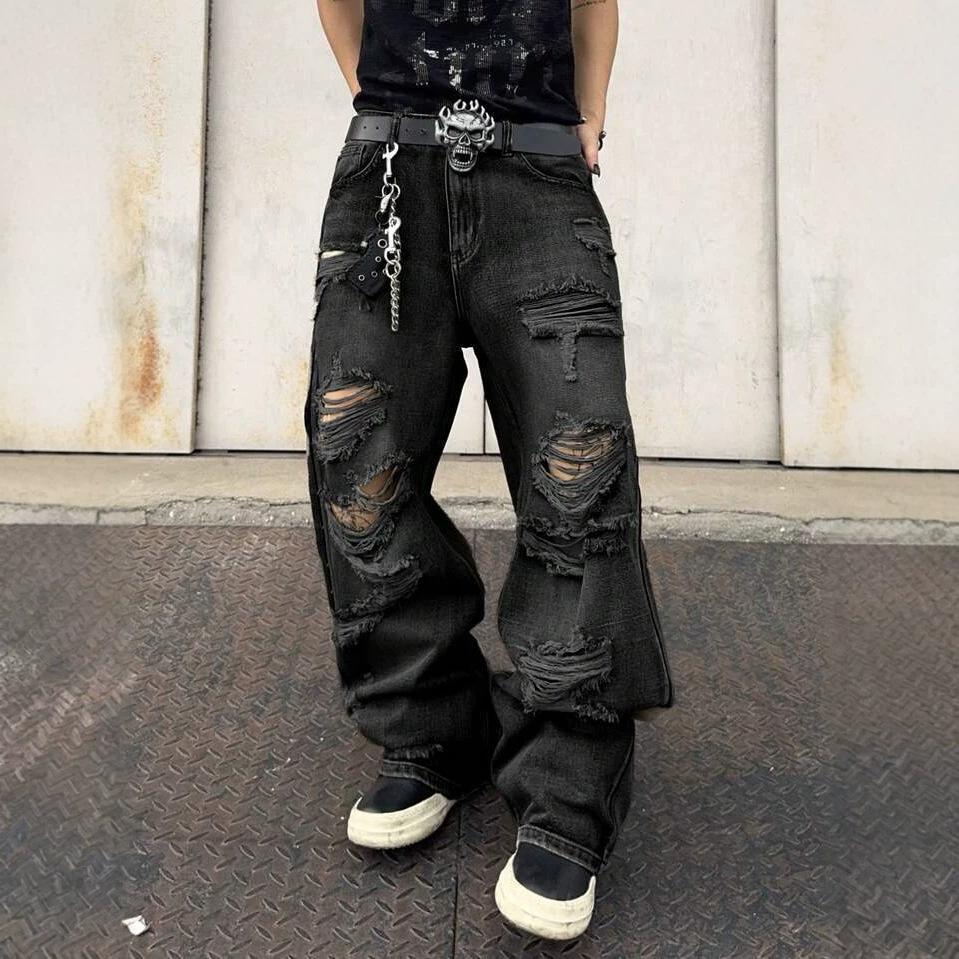 American high street niche design sense super fire ripped pants summer new ins dark wind denim wide-leg pants