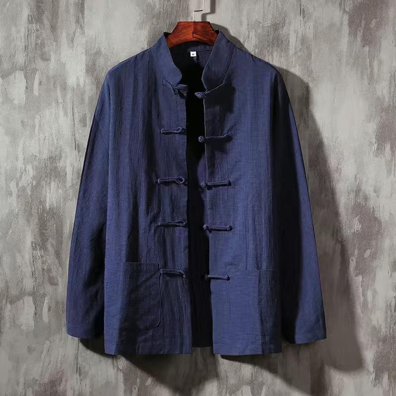 Spring and Autumn Chinese Retro Men's Chinese Style Linen Shirt Men's Long-sleeved Cotton and Linen Plate Button Shirt Stand-up Collar Tang Suit