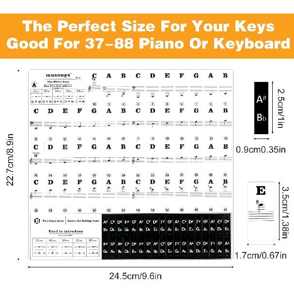 Piano Keyboard Stickers, Transparent Removable Piano Key Labels Stickers Notes Guide for 88/76/61/54/49 Keys Beginners and Kids Learning Piano
