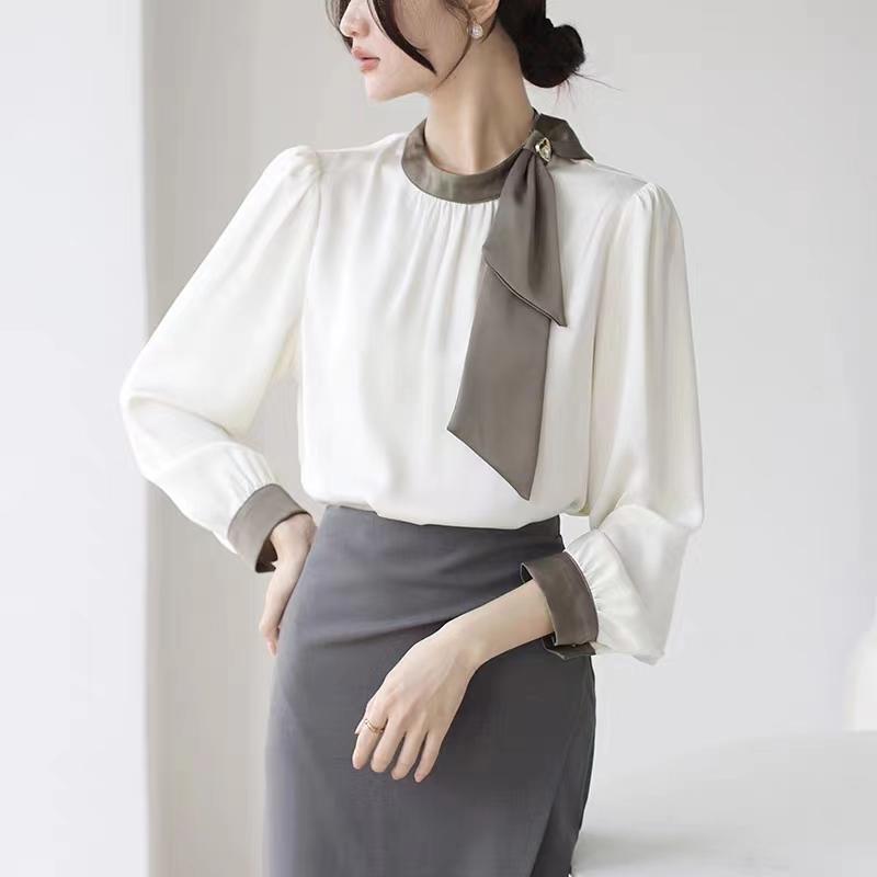 

Женские блузки, рубашки, весна 2025, женская блузка с длинным рукавом, рубашка с круглым вырезом, черная шифоновая блузка, рубашка, женские топы J856 XL серый