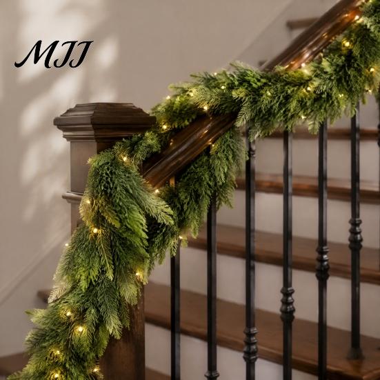 Artificial Christmas Decor Pre-Lit Garland Decoration, Real Touch Cedar Cypress Pine Greenery with Decorative for Holiday Parties LED Light