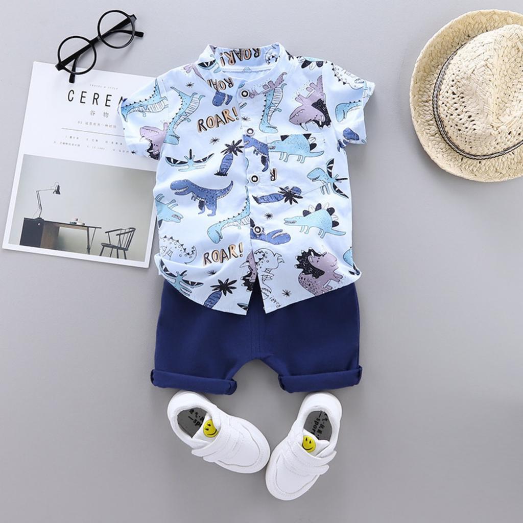 Summer Printed Pyramid Shirt Short Sleeved Shorts Set for Male and Female Infants and Young Children