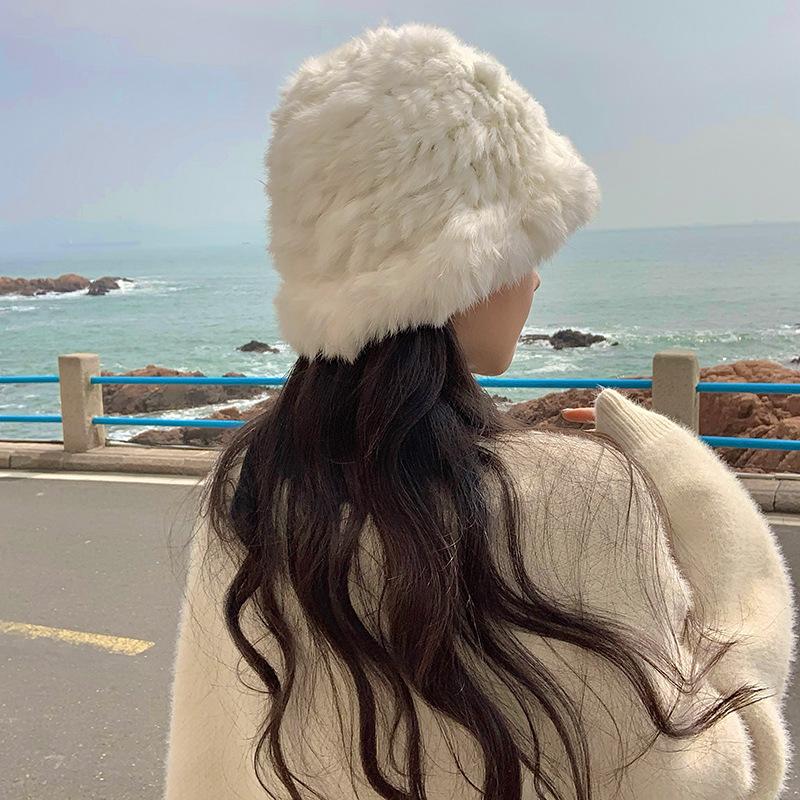 Autumn and winter cloud plush hat women's thermal basin hat big head circumference shows small face fluffy rabbit fur hat
