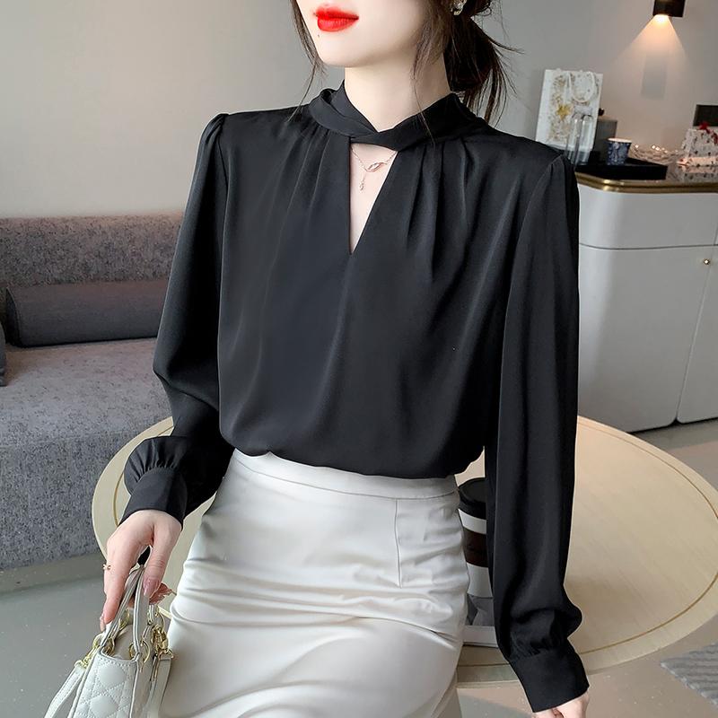 Fashion 2025 Spring Blouses Shirts Long Sleeve O-Neck Office Lady Black Blue Chiffon Blouse Shirt Women Tops J757