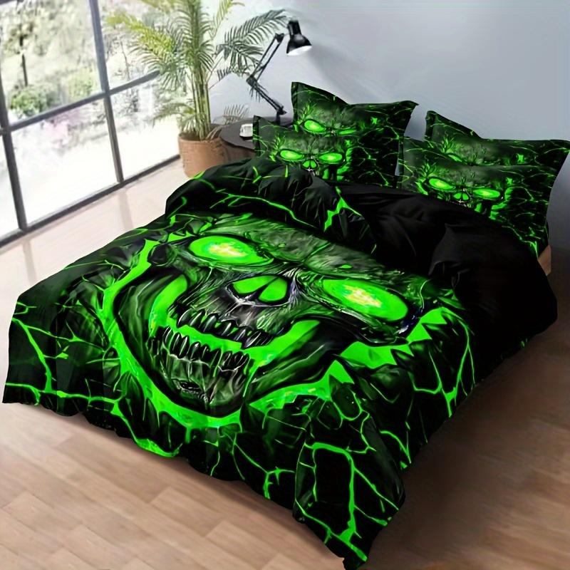 Soft and Comfortable Green Light Skull Pattern Quilt Cover Set - Decorative Bedding Set for Bedroom, Guest Room and Dormitory