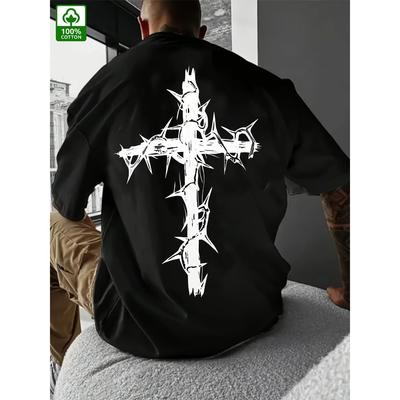 Sommer Herren 100% Baumwolle bequemes lässiges weites Übergröße kreatives Kreuzmuster bedruckt Rundhals Kurzarm T-Shirt Top