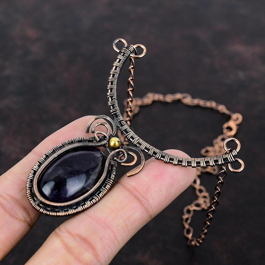 Colier Ametist Chevron Înfășurat în Sârmă de Cupru Colier Ajustabil Bijuterii cu Pietre Prețioase Handmade Colier Nou-nouț Colier Înfășurat în Sârmă de Cupru
