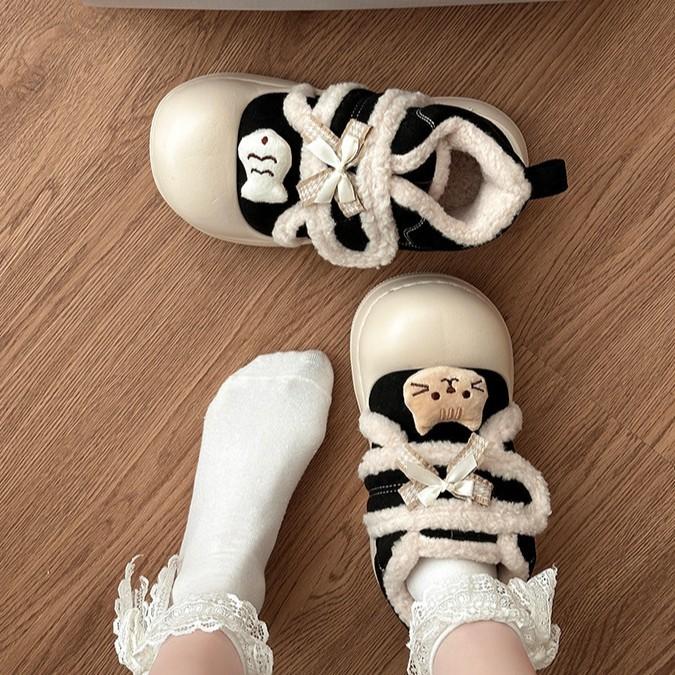 Cute bow KT cat pedal fluffy shoes autumn and winter fashion cartoon Velcro velvet warm girls cotton shoes