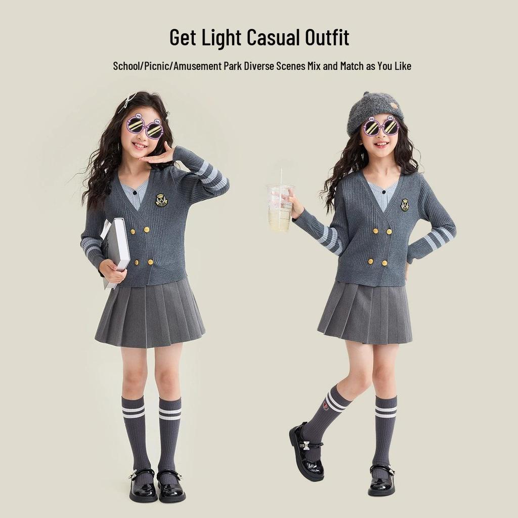 2025 Girls' Academy Style Knit Cardigan with Two-Piece Korean Slimming Skirt Set