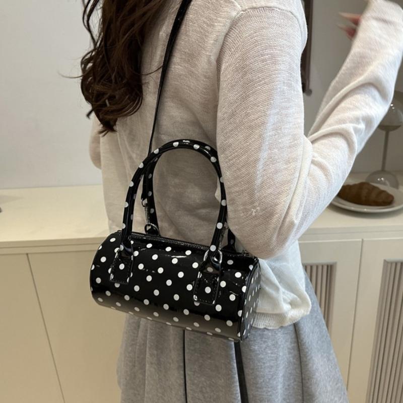 Retro Polka Dot Mini Handbag with Glossy Patent Leather Detachable Strap Versatile Cylinder Shoulder Purse,Women Crossbody Bag