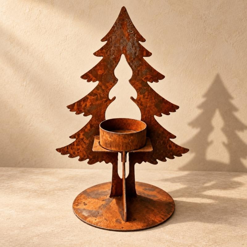 Christmas Candle Holders with Metal Tree Outline and Round Base, Aged Brown Seasonal Accent for Dining Tables, Entryway Displays, and Shelves