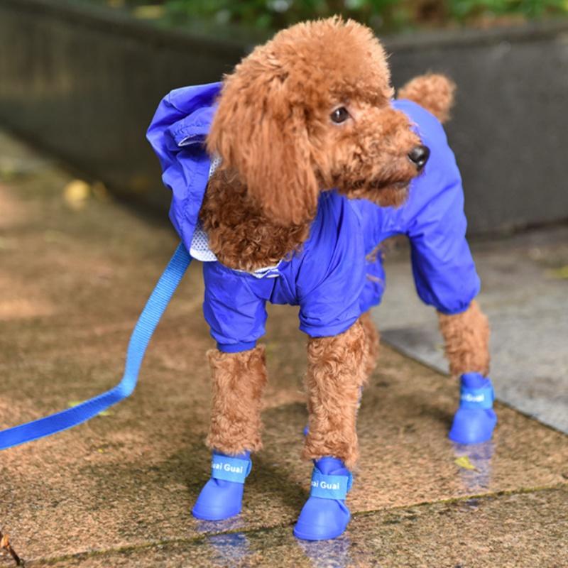 A Set Of Blue Pet Rain Boots Silicone Anti-slip And Waterproof Dog Shoes And Dog Foot Covers Suitable For Puppies