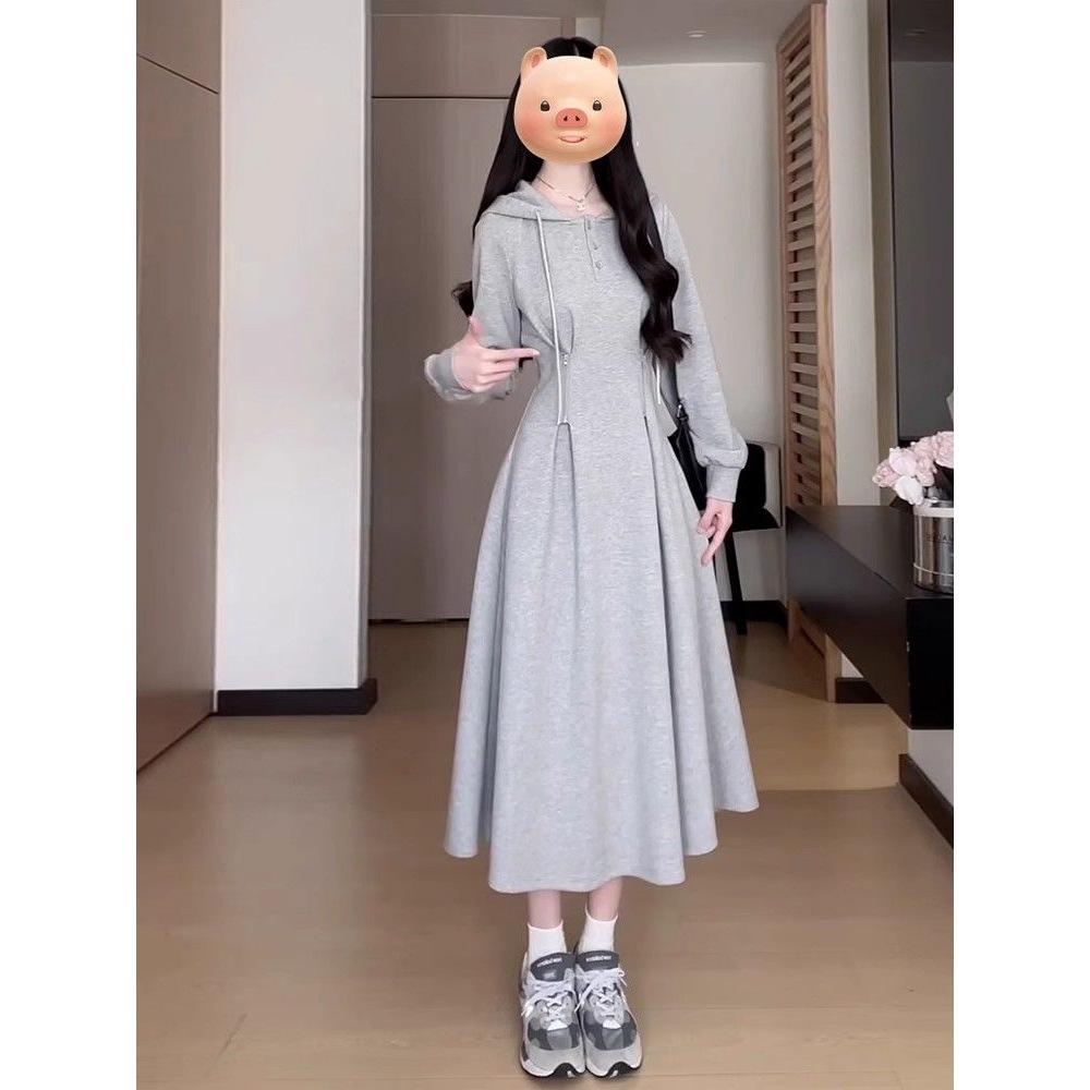 Korean College Style Gray Hooded Sweater Dress Women's Autumn Small Temperament Waist and Thin Skirt