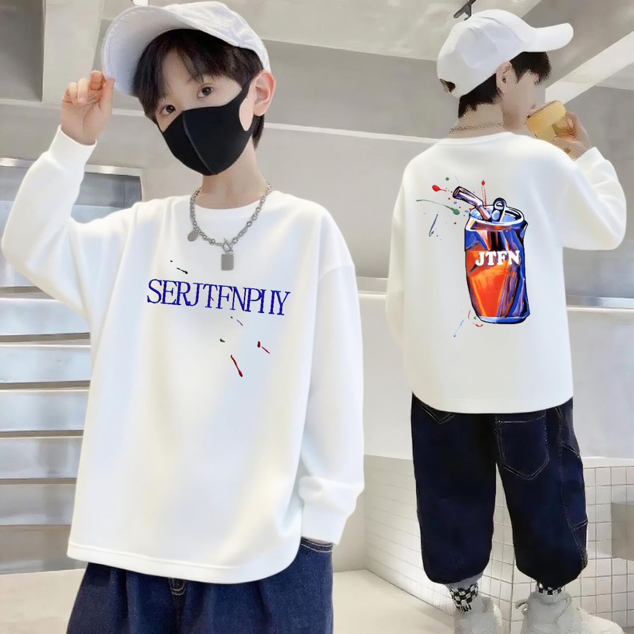 

Boys 100% Cotton Long-Sleeve T-Shirt - Korean Style Loose Fit Round Neck for Fall 160cm (80-100 jin) белый