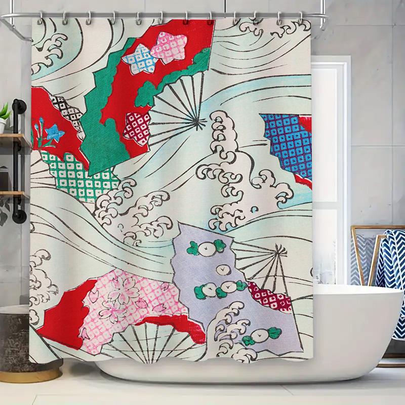 

Red Green Blue White Bath Curtains with Japanese Classic Print Wave Design for Bathroom Decoration Waterproof Shower Curtains in 90x180cm