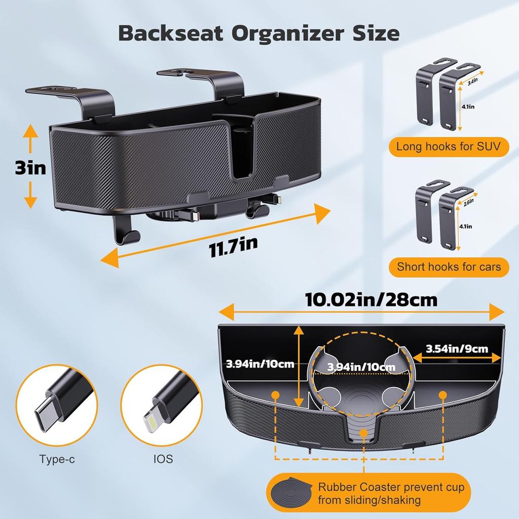 Car Headrest Cup Holder for Back Seat Organizer for Type-c/Lightning Retractable Charging Cables Multi- Hanging Snack Storage Box with Strong Hooks
