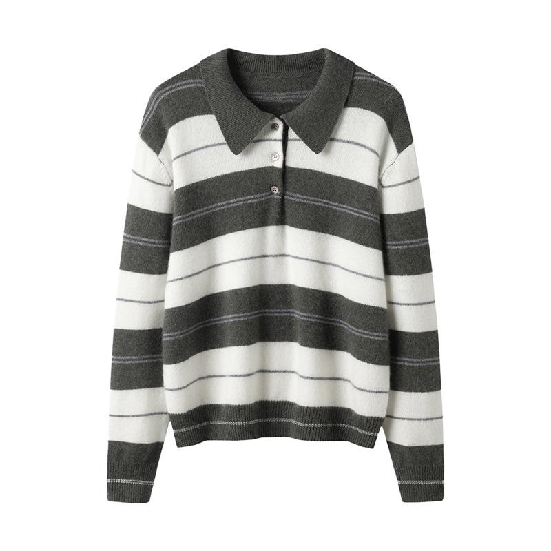 Seven-Gauge Thickened Cashmere V-Neck Color-Block Stripe Polo Collar Pullover