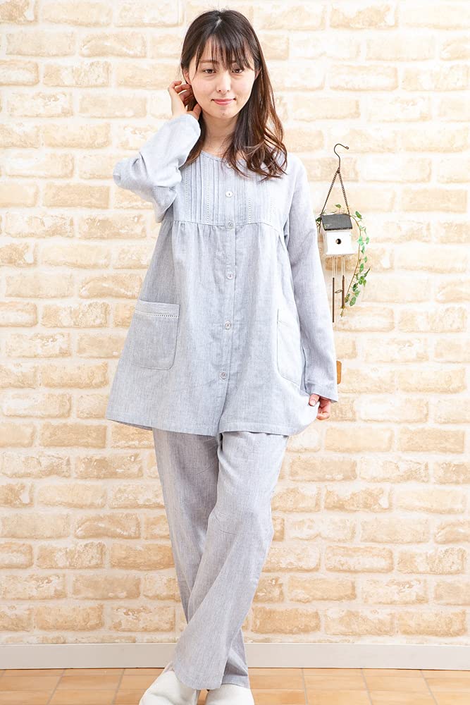 Eye Double Gauze Cotton Pajamas with Front Suitable for Spring and Sizes 15117 K's Women's Long-Sleeved, Skin-Friendly 100% Opening, Autumn,