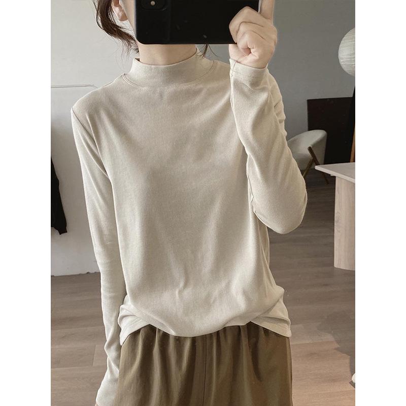Women's Retro White Half-High Collar Long Sleeve Slimming T-Shirt - Autumn Winter Lazy Style Base Layer