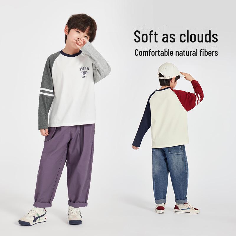 Jungen Baumwoll-Langarm-T-Shirts im amerikanischen Stil mit Streifen, Kontrastärmeln - Ideal für Frühling und Herbst.