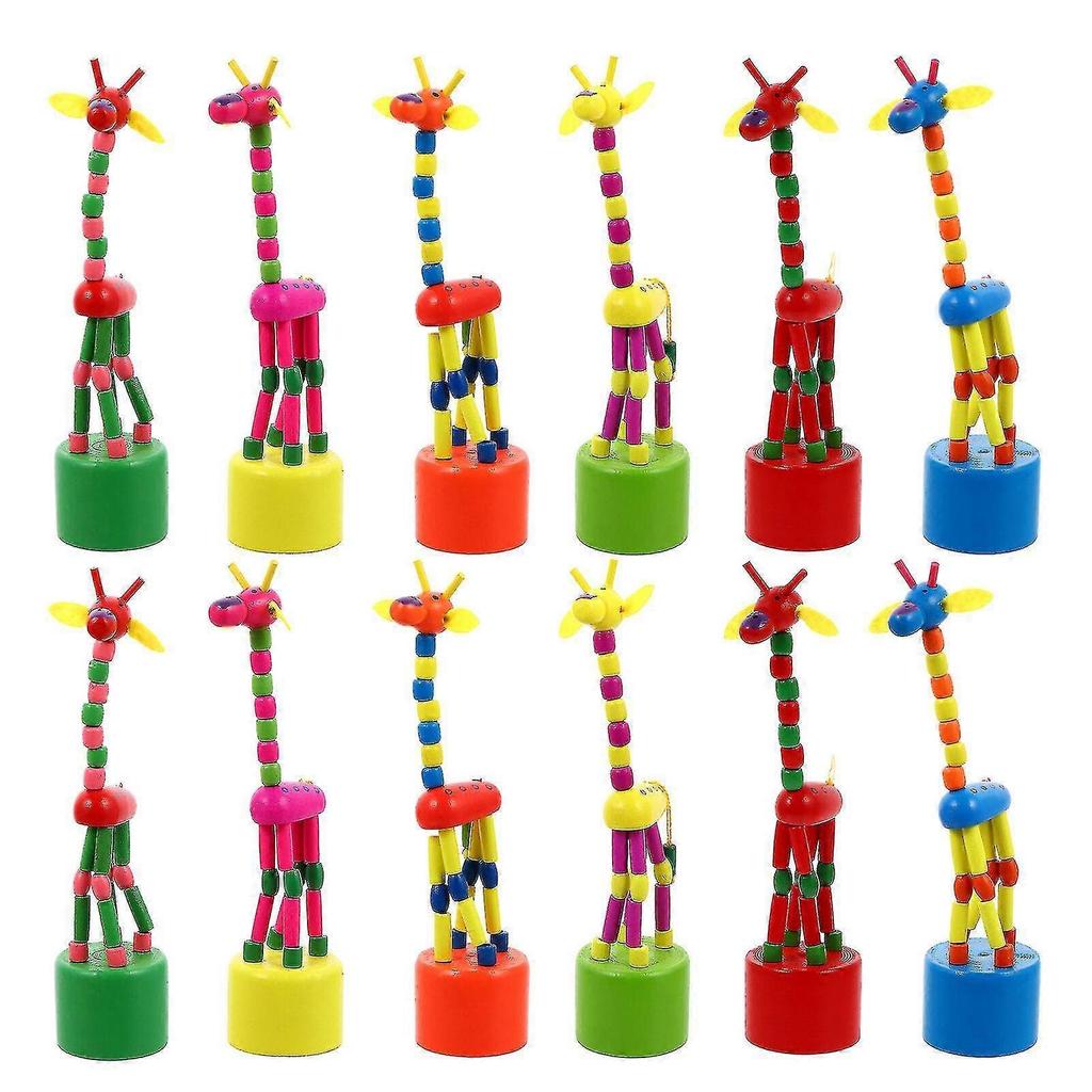 12pcs Wood Animal Giraffe Figurine Push Up Toy Dancing Animal Finger Puppet