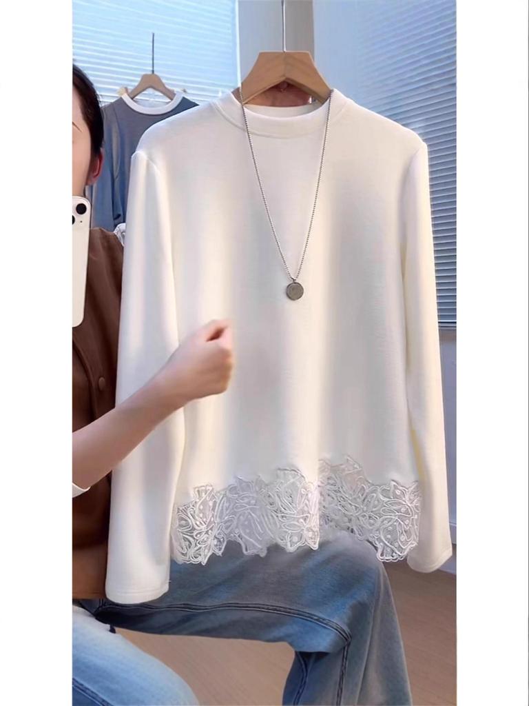 Korean-Style Lace Splicing Thermal T-Shirt: Comfortable Women's White Base Layer Top