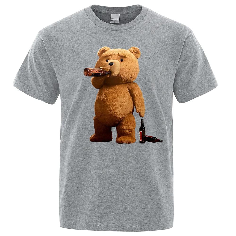 Lovely Ted Bear Drink Beer Poster Funny Printed T-Shirt Men Fashion Casual Short Sleeves Loose Oversize Tee Street Hip Hop Tops