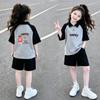 Korean-Style Girls' Color Block Lapel Polo Shirt & Shorts Summer Set