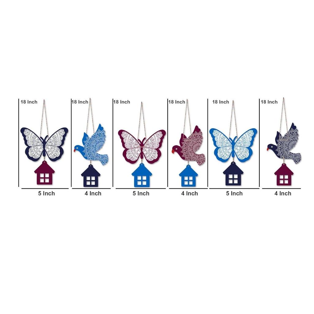Multicolored Birds & Butterfly Wooden Wall Hanging for Home Decoration | Garden Balcony | Office | Cafe | Decorative Door Hanging (Pack of 6)