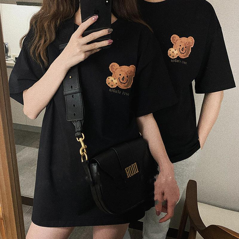 SCIONE Retro Bear Cartoon Printing Short-sleeved Round Neck Loose Leisure Versatile T-shirt 2025 New Sweet Cute Bear Couple Clothing