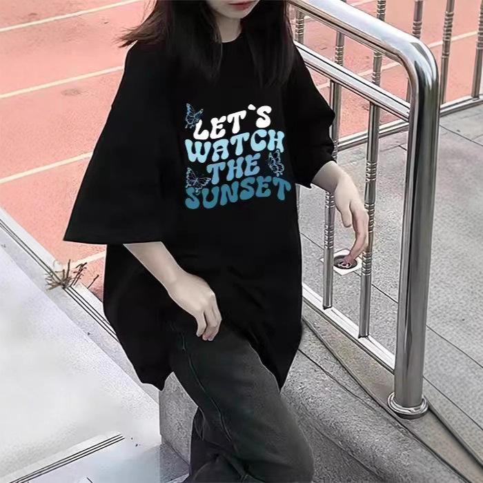 

Korean version of chic short-sleeved t-shirt women s summer new Hong Kong style ins loose large version cotton casual versatile crew neck top m (recommended 40-52.5kg ) чёрный