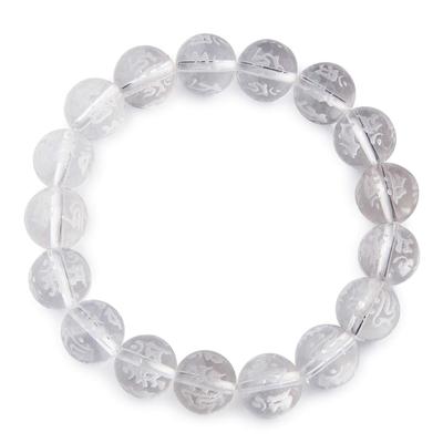 Sanskrit Character Carved Natural Genuine Crystal 12mm Prayer Beads Bracelet Natural Stone Power Stone [Sekki] Men's [b052]