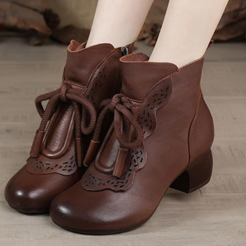 Women'S Leather Boots Ethnic Style Retro Mom Short Boots Soft Bottom Round Head Leisure Non-Slip Shoes