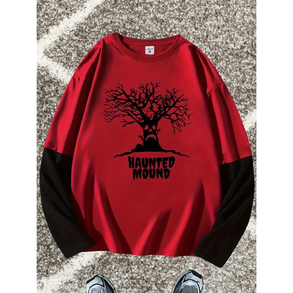 Print Pattern Loose Look Long Sleeve T-Shirt, Fashionable, Comfortable, and Versatile 2-in-1 Look Long Sleeve Top, Suitable for Various Occasions