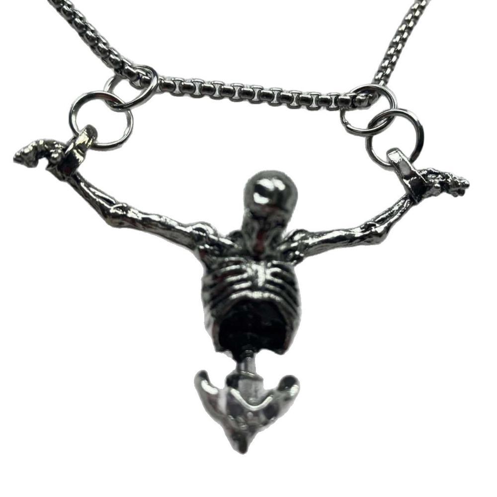 Gothic Weird Sliver Color Hanging Skeleton Corss Pendant Necklace for Women Men Halloween Scary Collar Chain Jewelry Accessories