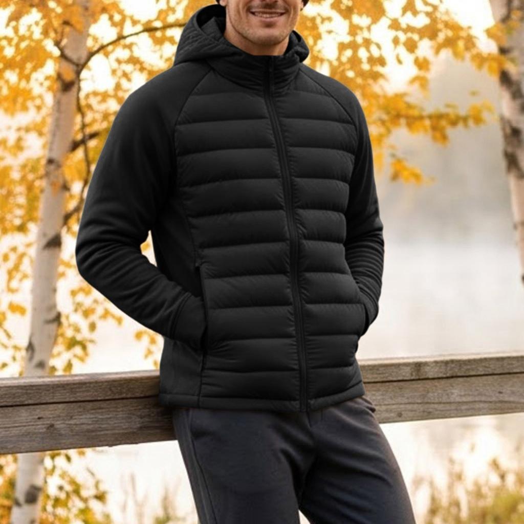 Men's Lightweight Quilted Hooded Jacket with Synthetic Down for Fall and Winter