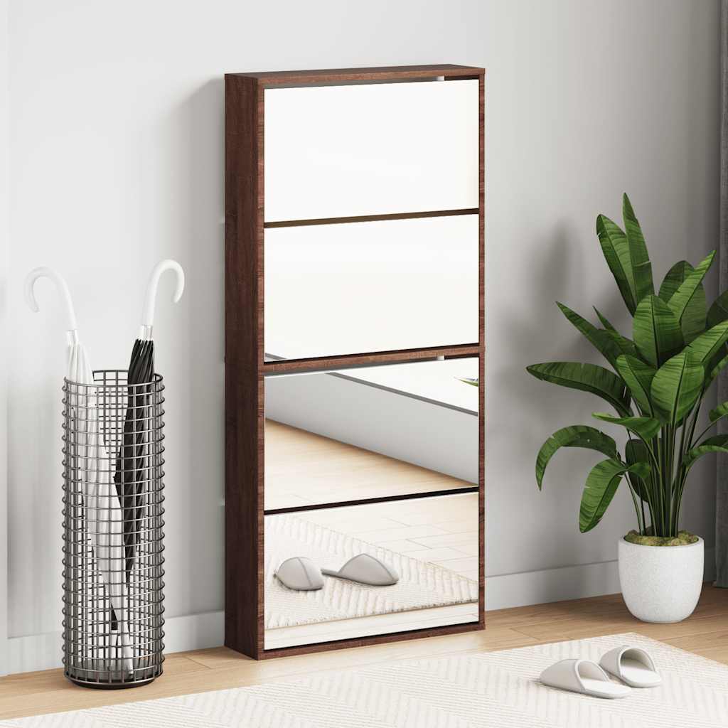 Shoe Cabinet with Mirror 4 Flip Down Compartments Brown Oak Effect 63 x 17 x 134 cm